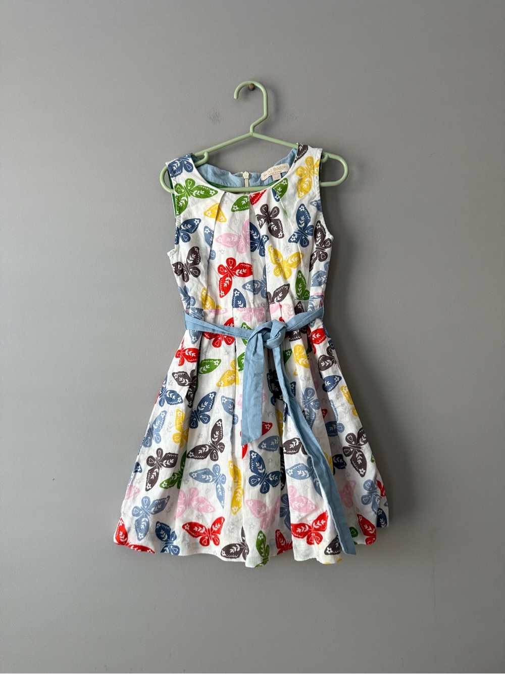 Mini Boden Girls' Multicolor Butterfly Print Dress with Blue Sash 4-5years
